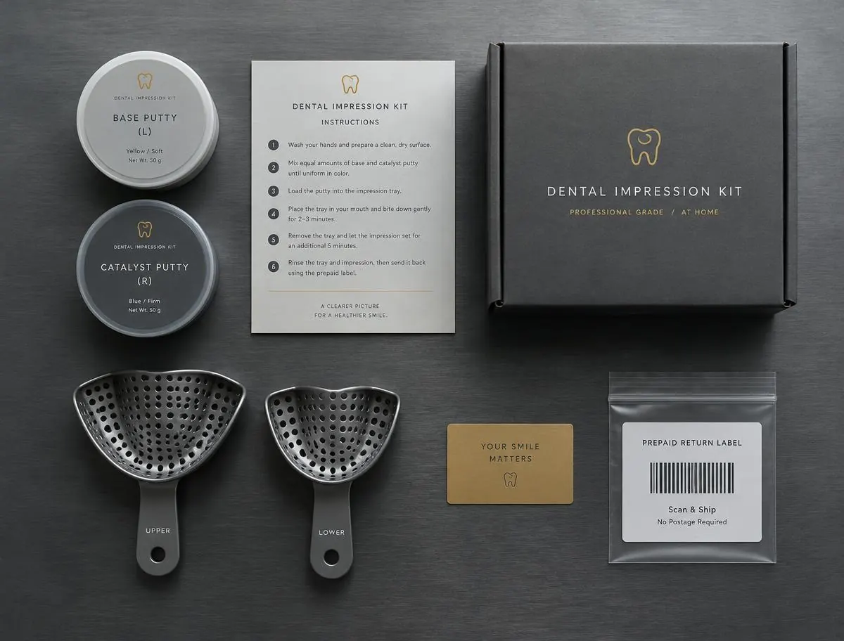 Mail-in dental impression kit with trays, putty and instructions, shipped anywhere in Canada