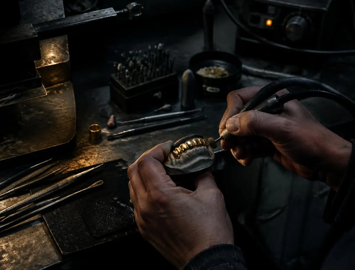 Jeweller hand-polishing a gold grill on a stone teeth mould at the Grillz Toronto workbench